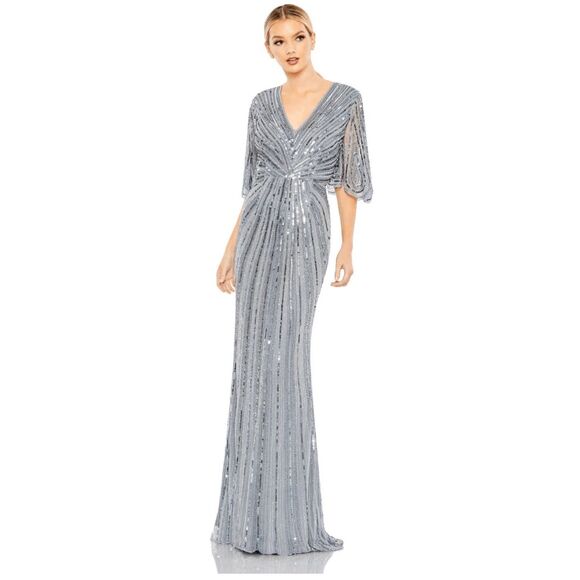 Mac Duggal NWT size 4 slate blue Sequined V Neck Cape Sleeve Gown style 93583 fo - Picture 1 of 16
